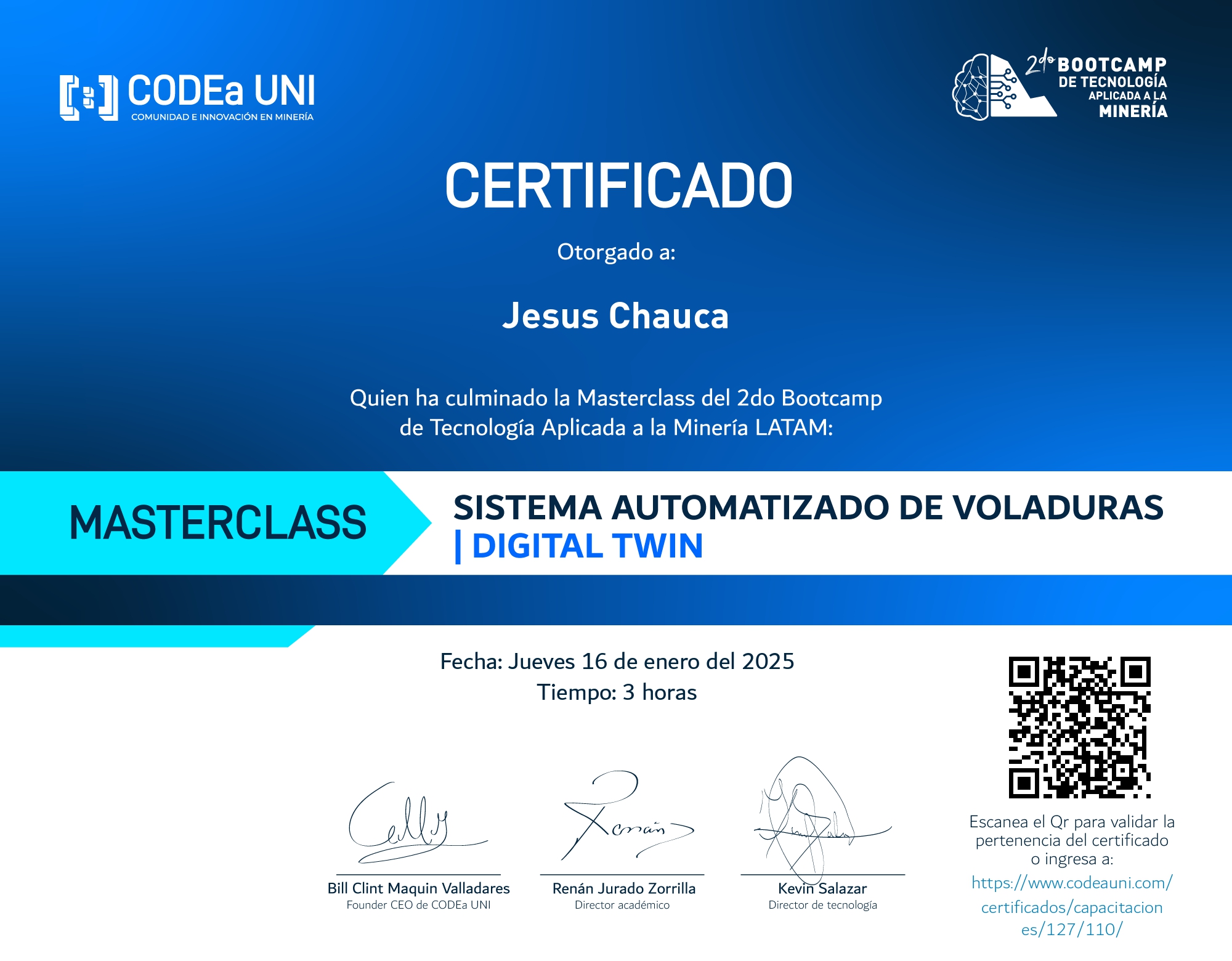 Certificado: Sistema Automatizado de Voladura Digital Twin